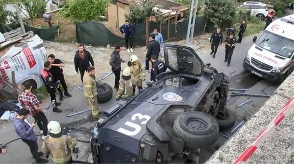 İki polisin içinde olduğu zırhlı ekip aracı 3 metre yükseklikten alt yola düştü