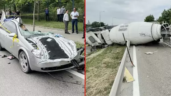 Beton mikseri, otomobilin üzerine devrildi! Feci kazada baba ve oğlu can verdi