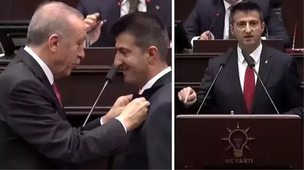 AK Parti'ye katılan Çelebi'nin rozetini Cumhurbaşkanı Erdoğan taktı! Atatürk çıkışı salonu coşturdu