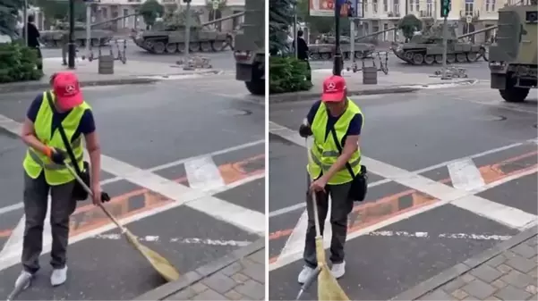 Rusya'da isyan başlatan Wagner'in işgal ettiği Rostov'dan ilginç görüntü! Kimi yolu süpürdü, kimi kolunu bağlayıp tankları izledi