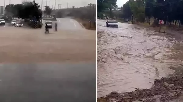 Çanakkale'de yağışla birlikte dere yatağı taştı, kara yolu ulaşıma kapandı