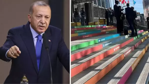 Birleşmiş Milletler Genel Kurulu'nun girişinde LGBT'yi temsil eden renklerin olması Erdoğan'ı kızdırdı