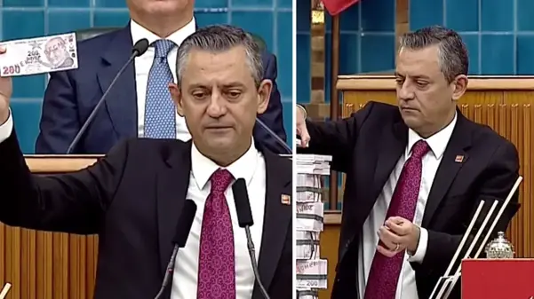 CHP lideri Özel, kürsüye bir çanta dolusu parayla çıktı
