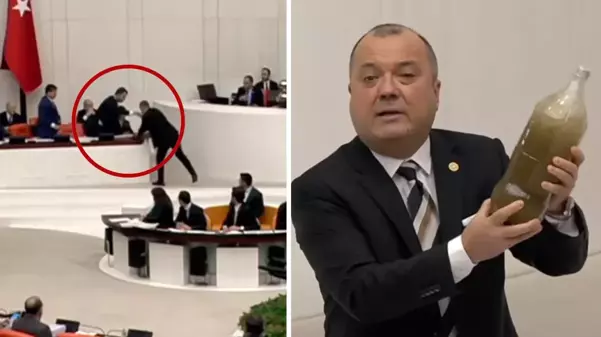 Meclis'te tansiyon yükseldi! Bakan Kurum, CHP'li vekilin getirdiği pis suyu yere fırlattı