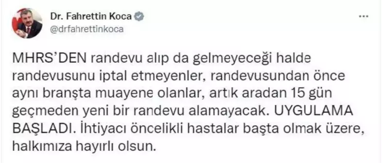 Bakan Koca: Gelmeyeceği randevusunu iptal etmeyenler 15 gün randevu alamayacak