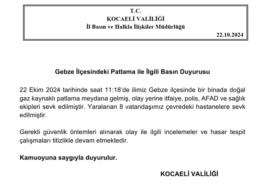 Gebze'de Doğal Gaz Patlaması: 8 Yaralı