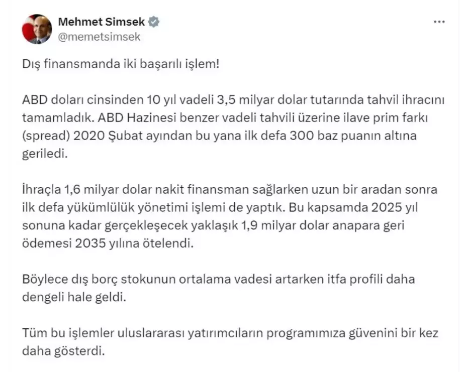 Hazine ve Maliye Bakanı Şimşek'ten Tahvil İhracı Açıklaması