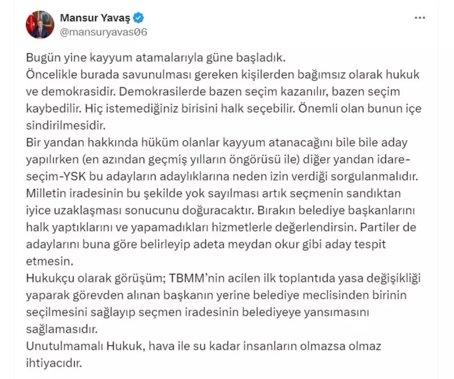 Mansur Yavaş: Seçmen İradesinin Yok Sayılmasına İzin Vermemeliyiz