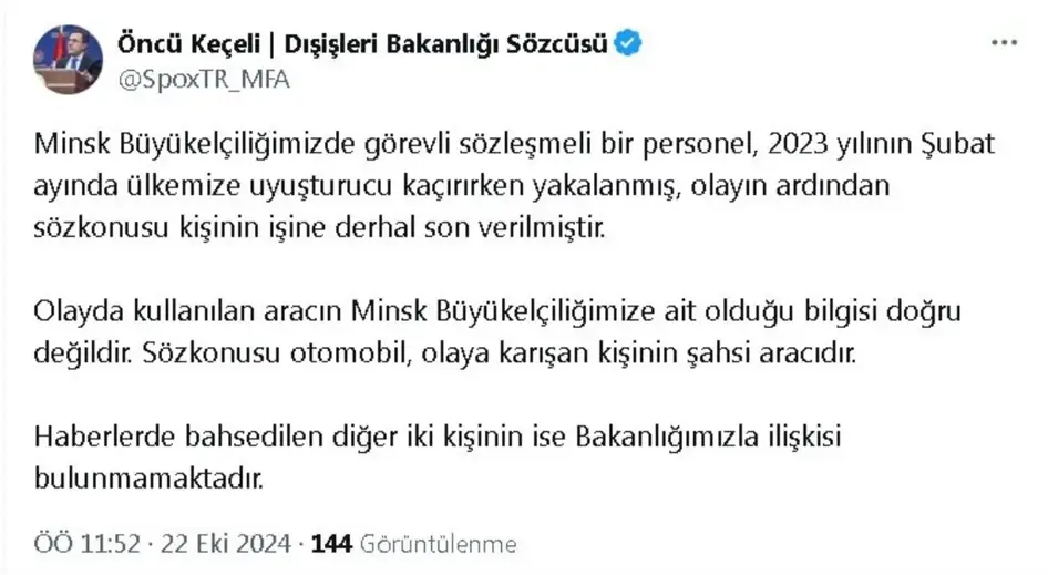 Dışişleri Bakanlığı'ndan Uyuşturucu Kaçakçılığı Açıklaması