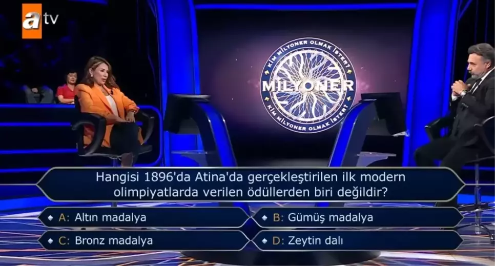 Hangisi 1896'da Atina'da gerçekleştirilen ilk modern olimpiyatlarda verilen ödüllerden biri değildir? Kim Milyoner Olmak İster!